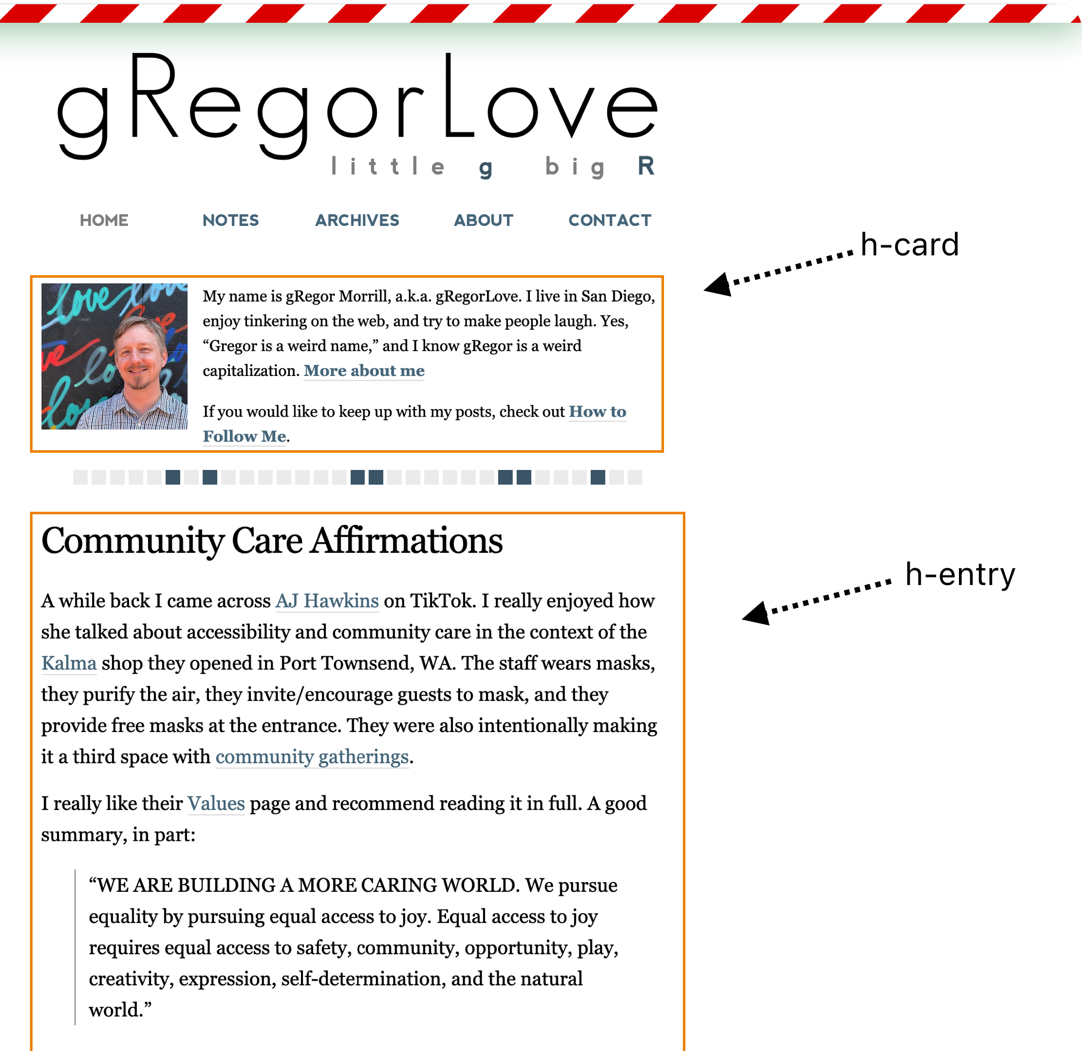 blog sample image with call out for h-card info area and h-entry